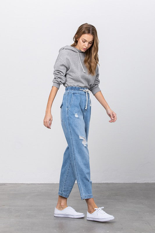 Sandy Shores Distressed Drawstring Waist Slouch Jeans
