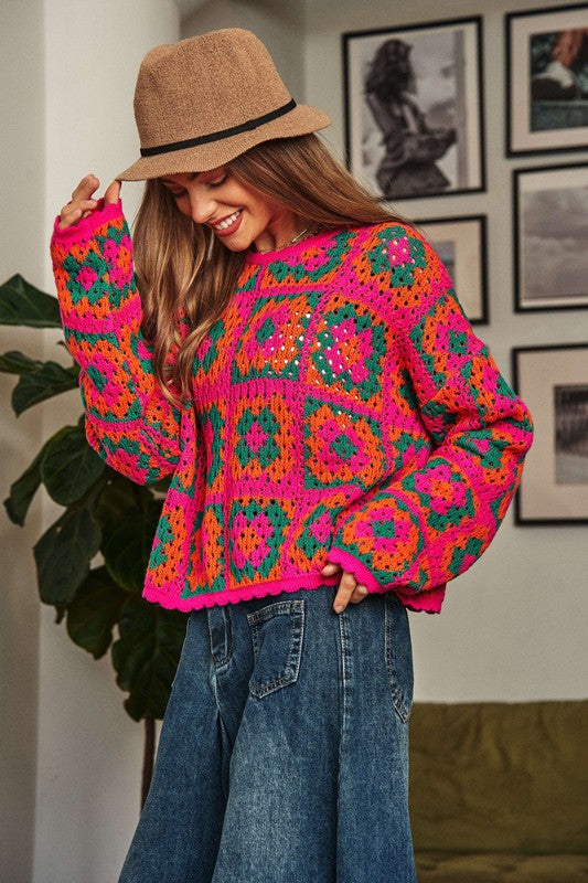 Cozy Season Crochet Granny Square Pullover Sweater