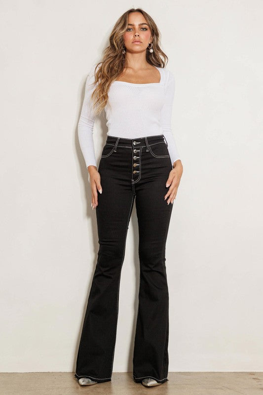 Kelley Dark Wash High Rise Button Fly Flare Jeans