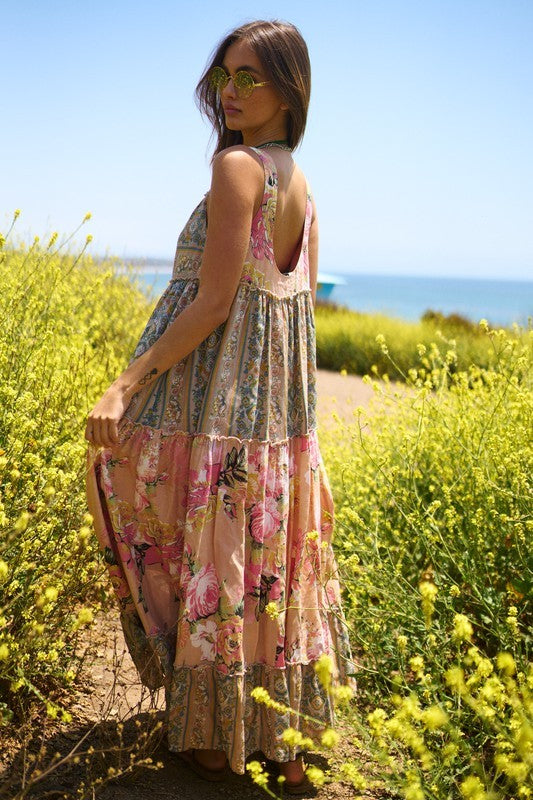 Seaside Garden Mixed Floral Stripe Full Skirt Tiered Maxi Dress