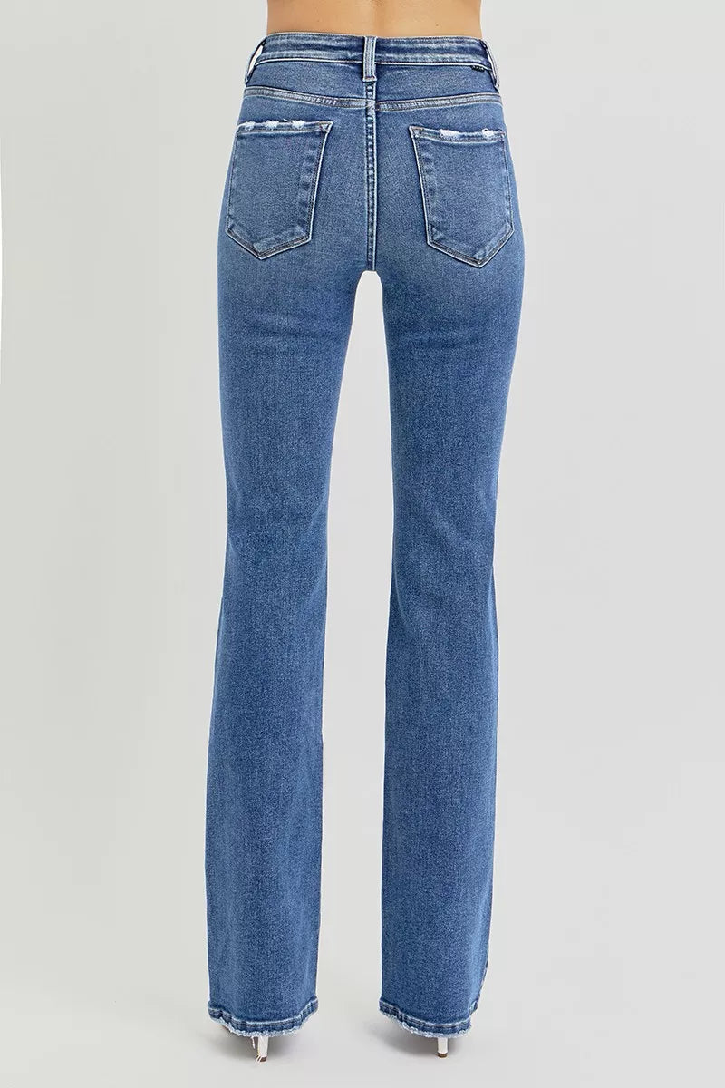 Straight leg tummy control jeans in dark wash stretch denim, back view with classic pockets and high rise waist.