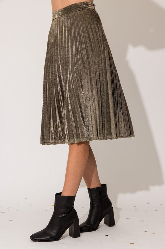 Starlight Gold Lurex Sparkle Pleated Midi Skirt
