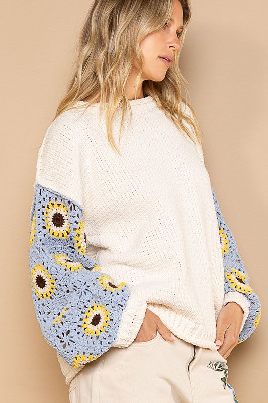 Blue Skies Crochet Granny Square Sleeve Sweater