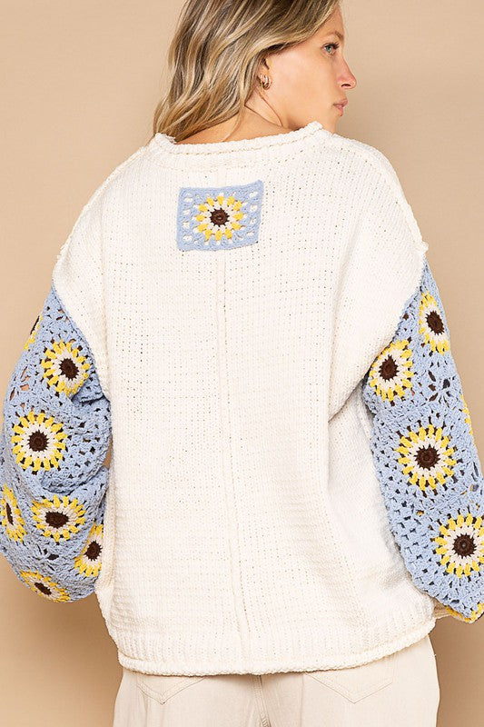 Blue Skies Crochet Granny Square Sleeve Sweater