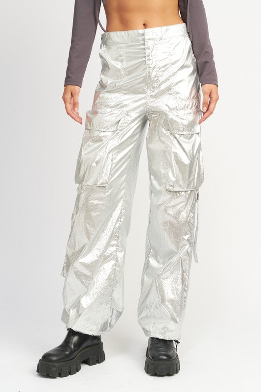 Space Age Silver Metallic Nylon Cargo Pants