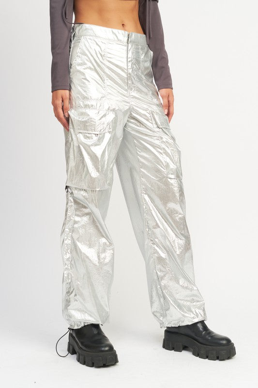 Space Age Silver Metallic Nylon Cargo Pants