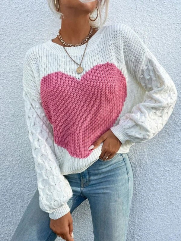 One Heart Chunky Knit Sweater with Cable Knit Sleeves