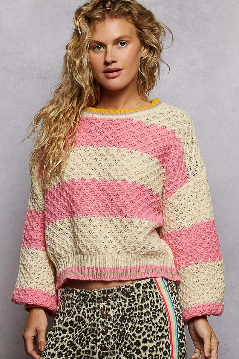 Boho luxe pink and cream stripe sweater with cropped fit and contrast trim by POL