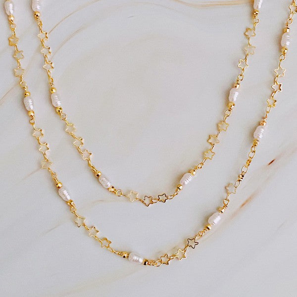 Starry Pearls Long Chain Necklace