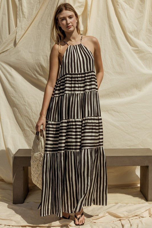 Belaire Sleeveless Striped Tiered Maxi Dress