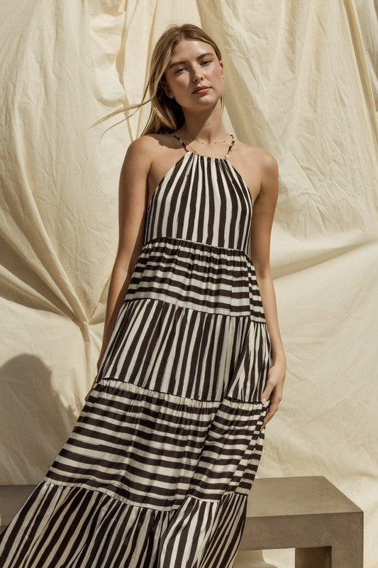 Belaire Sleeveless Striped Tiered Maxi Dress