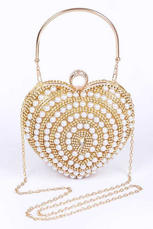 Sweet Heart Pearl Studded Metal Clutch