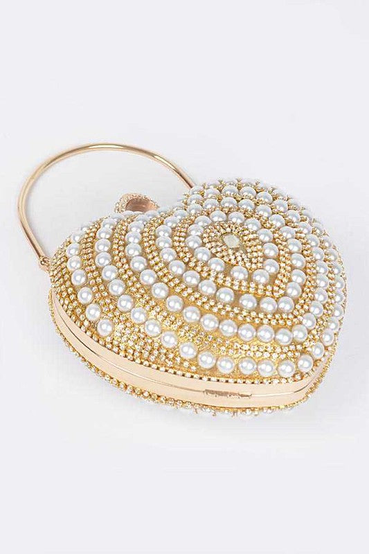 Sweet Heart Pearl Studded Metal Clutch