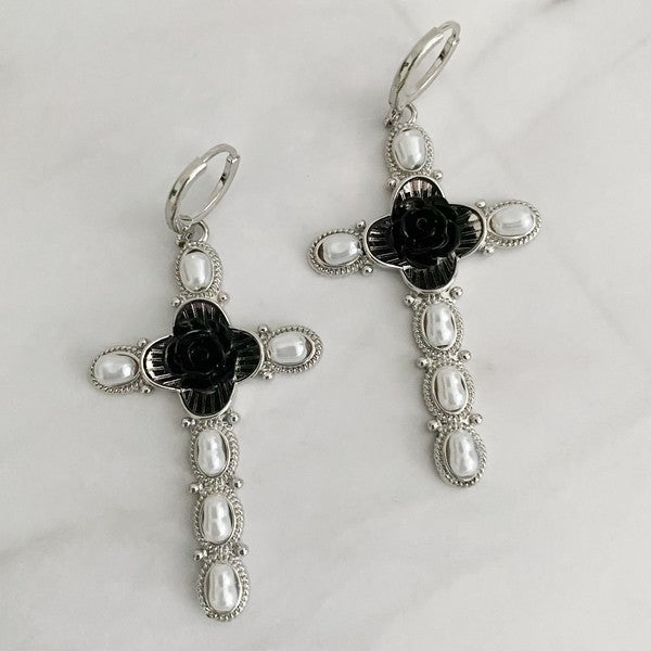 Gypsy Rose + Pearls Cross Earrings