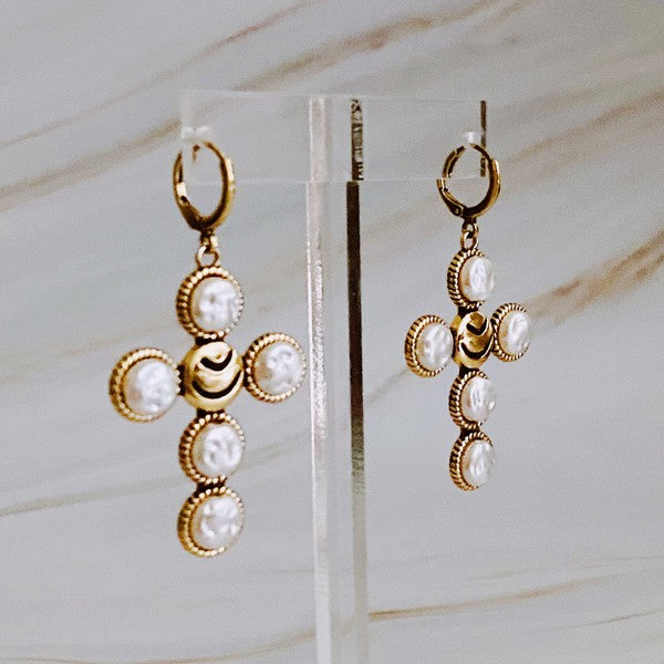 Pearl Embellished Brushed Gold Cross Earrings
