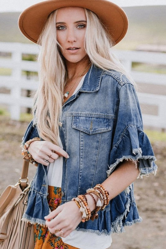 Frill Ride Ruffled Short Sleeve Denim Jacket