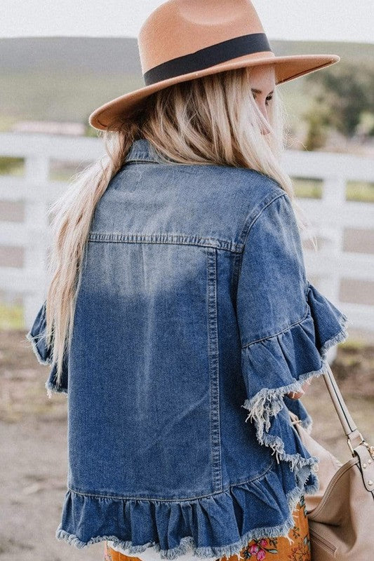 Frill Ride Ruffled Short Sleeve Denim Jacket