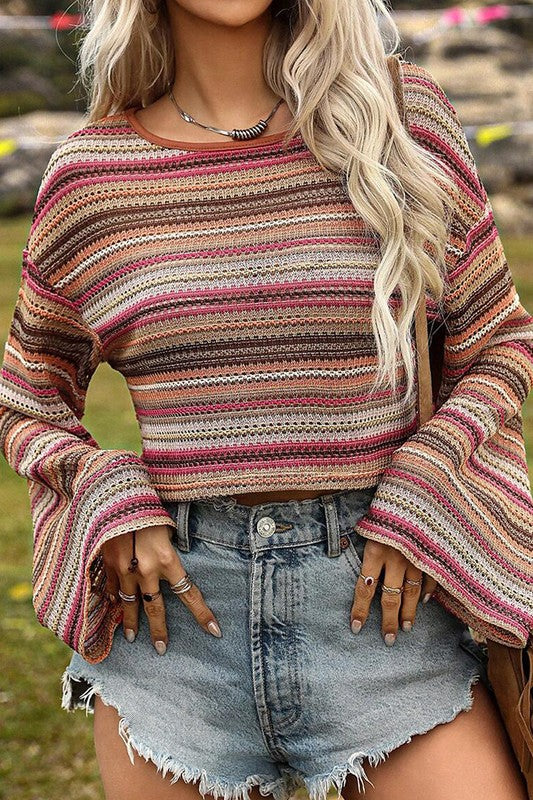 Felt Cute Striped Long Bell Sleeve Cropped Knit Top