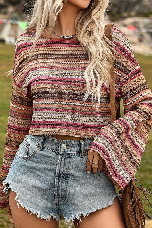 Felt Cute Striped Long Bell Sleeve Cropped Knit Top