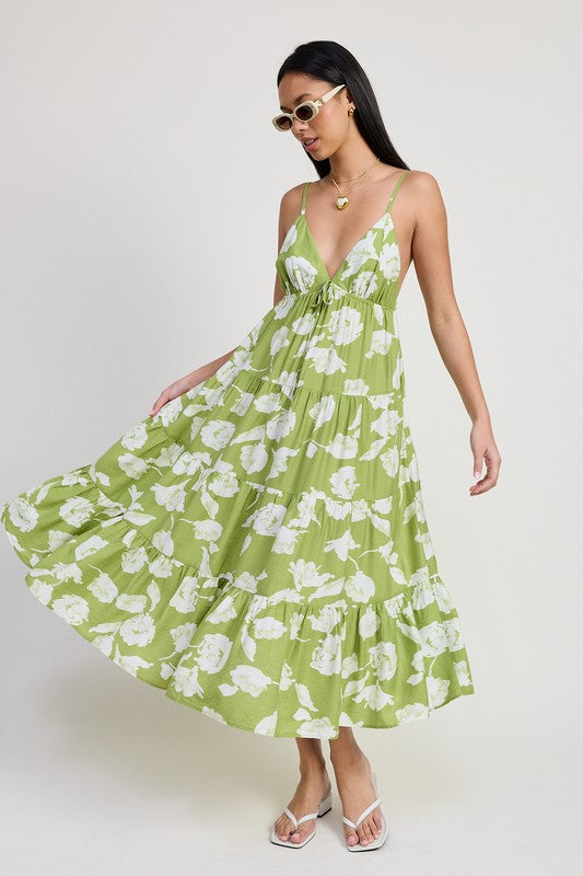 Totally Tempted  Floral Print Spaghetti Strap Midi Dress