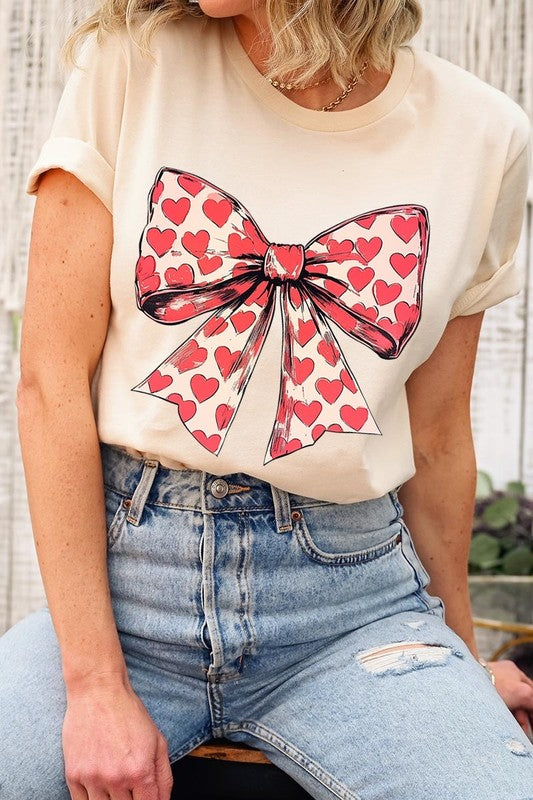 Coquette Heart Patterned Bow Graphic Tee