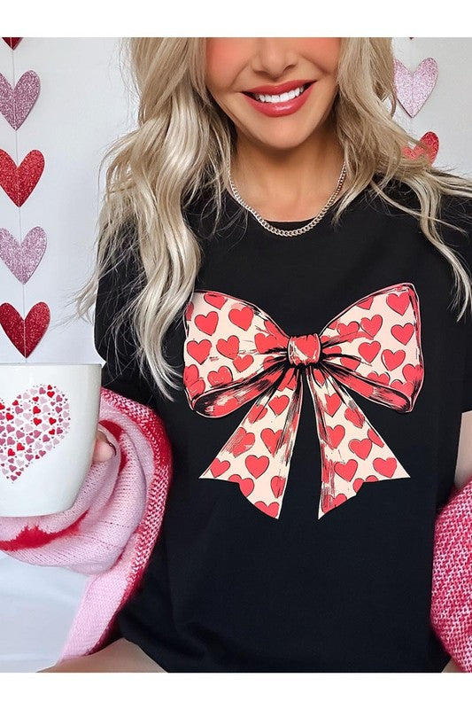 Coquette Heart Patterned Bow Graphic Tee