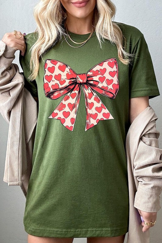 Coquette Heart Patterned Bow Graphic Tee