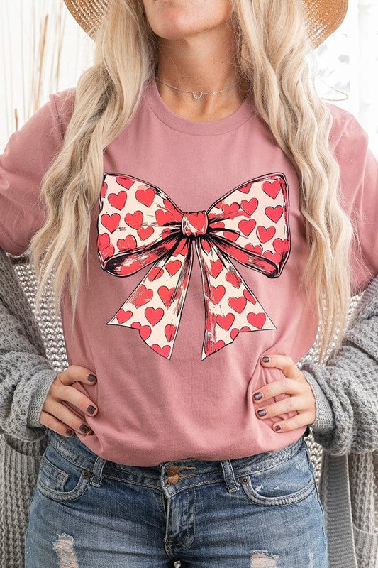 Coquette Heart Patterned Bow Graphic Tee