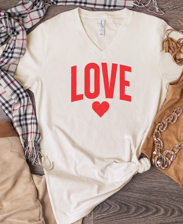 Love + Heart Short Sleeve V Neck Graphic