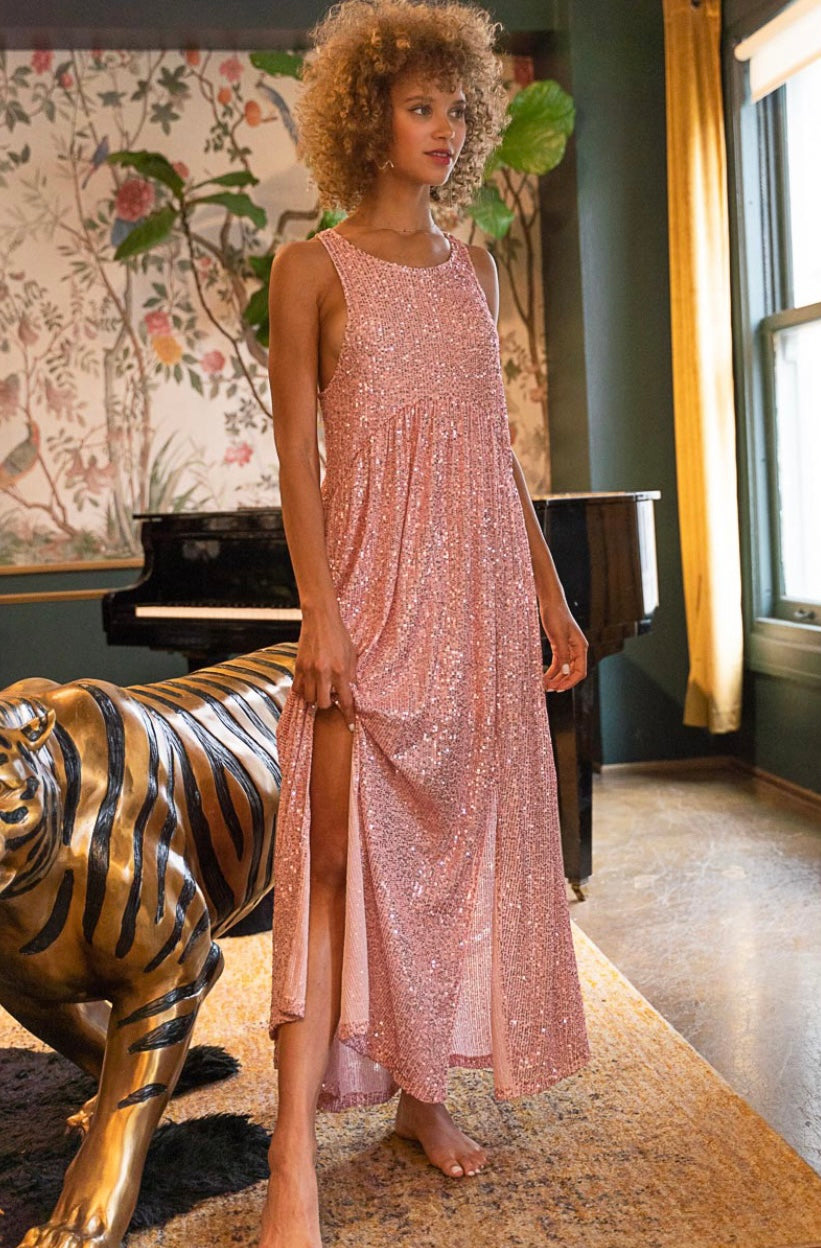 Let’s Go Party! Pink Sequin Babydoll Maxi Dress