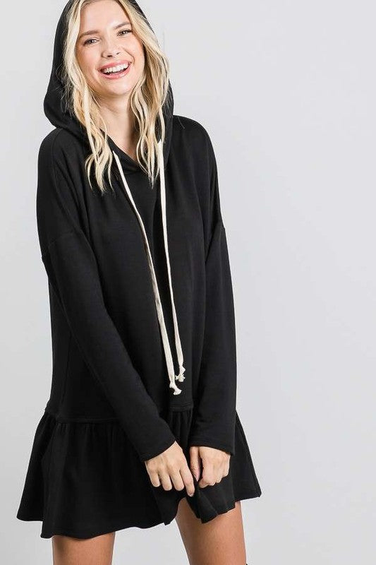 Full Time Fun Ruffled Hem Hooded Tunic Top