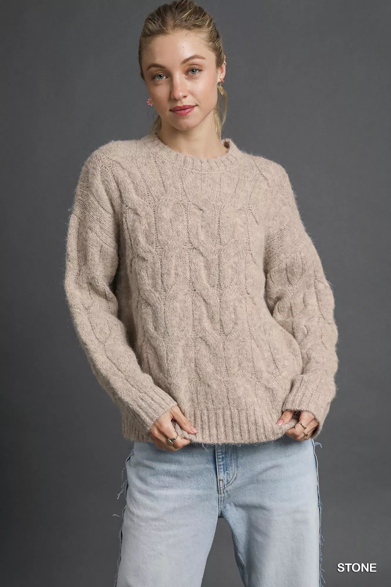 Women’s beige brushed cable knit pullover sweater, long sleeve solid knit top for minimalist layers and cozy chic outfits