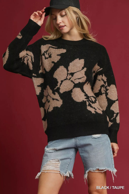 Black floral knit sweater with bold brown flower pattern, feminine pullover knit top for casual chic fall and winter style