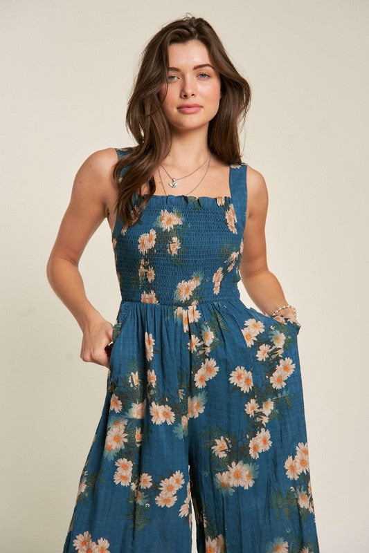 Day Dreaming Smocked Floral Print Jumpsuit