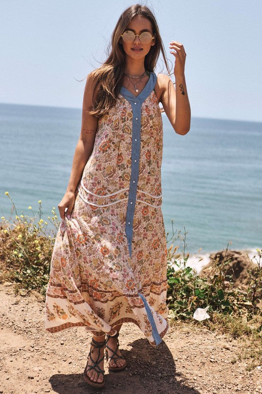 Down The Shore Floral V-Neck Sleeveless Button Front Maxi Dress