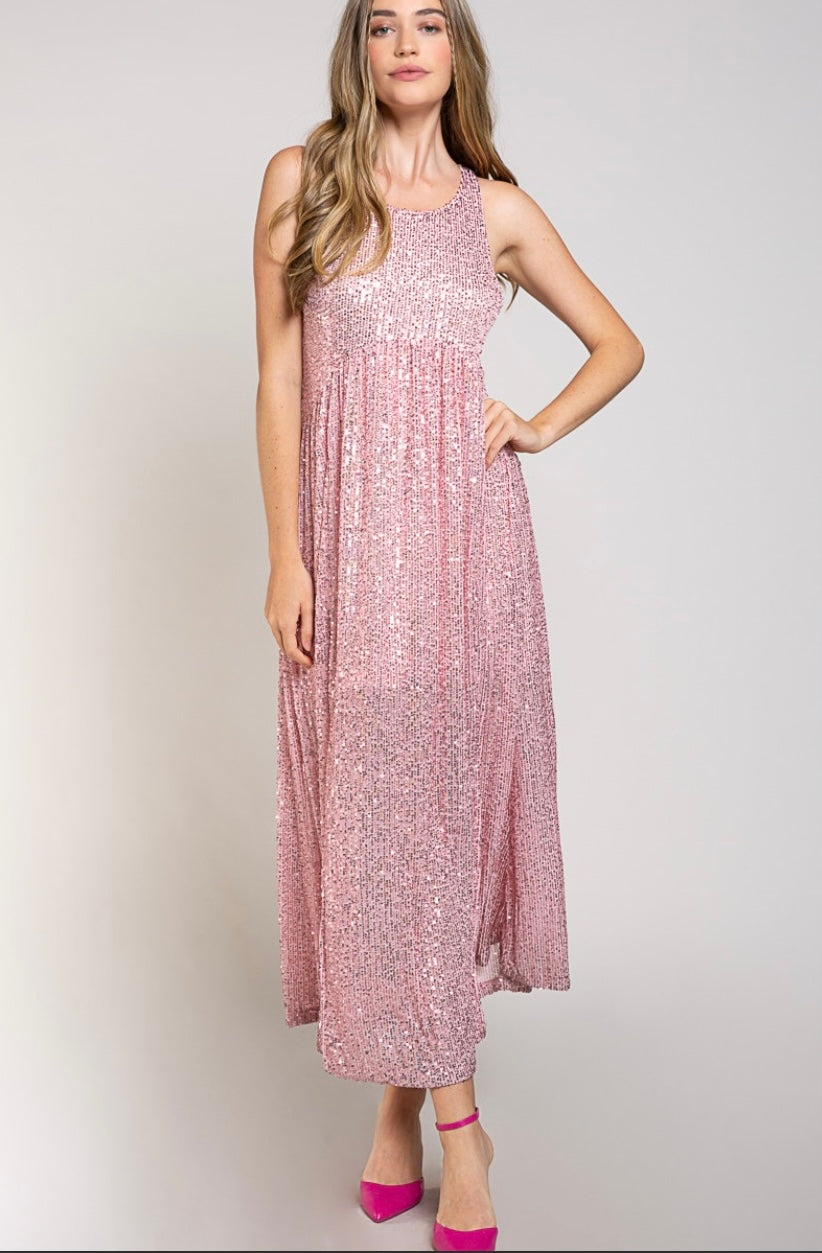 Let’s Go Party! Pink Sequin Babydoll Maxi Dress