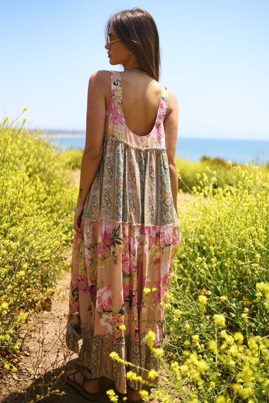 Seaside Garden Mixed Floral Stripe Full Skirt Tiered Maxi Dress