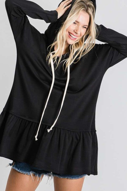 Full Time Fun Ruffled Hem Hooded Tunic Top