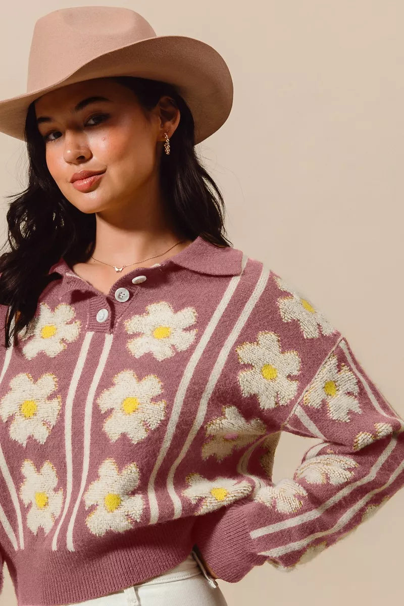 Polo collar pink pullover sweater with ivory flowers and long sleeves