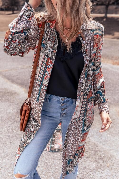 Mixed Feelings Boho Floral Patchwork Print Button Down Cardigan Duster