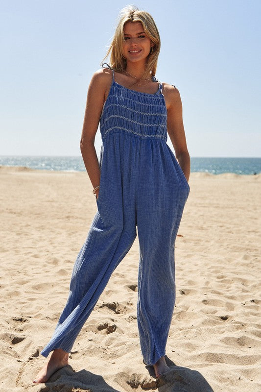 Soak Up The Sun Washed Cotton Smocked Top Tie Straps Loose Fit Jumpsuit (3 Colors)