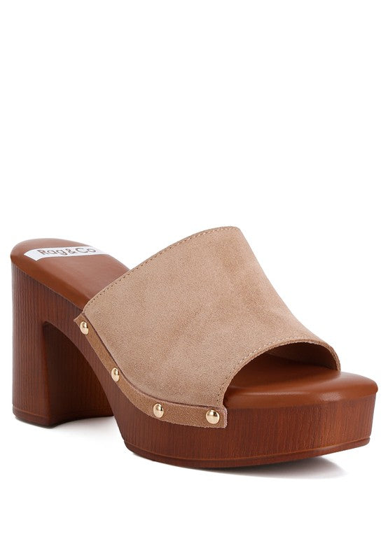 Rag & Co Suede Studded Clogs with a High Block Heel