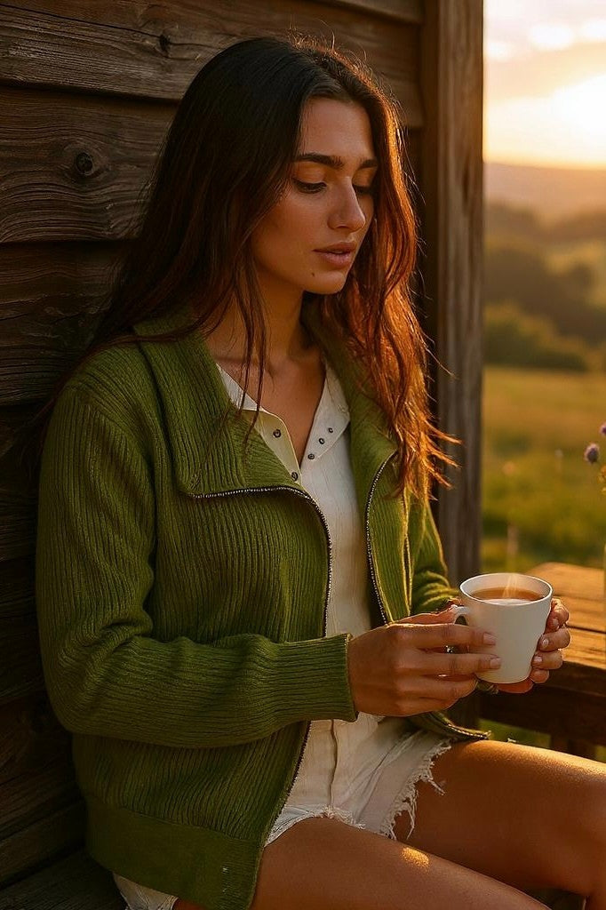 Seated side view of a dark olive rib knit zip-up sweater jacket, worn unzipped with the high neckline styled as a shawl collar, paired with a crop top and cut-off denim shorts, with the model’s back against a wooden structure and a grassy sunrise landscape in the background, holding a cup of coffee.