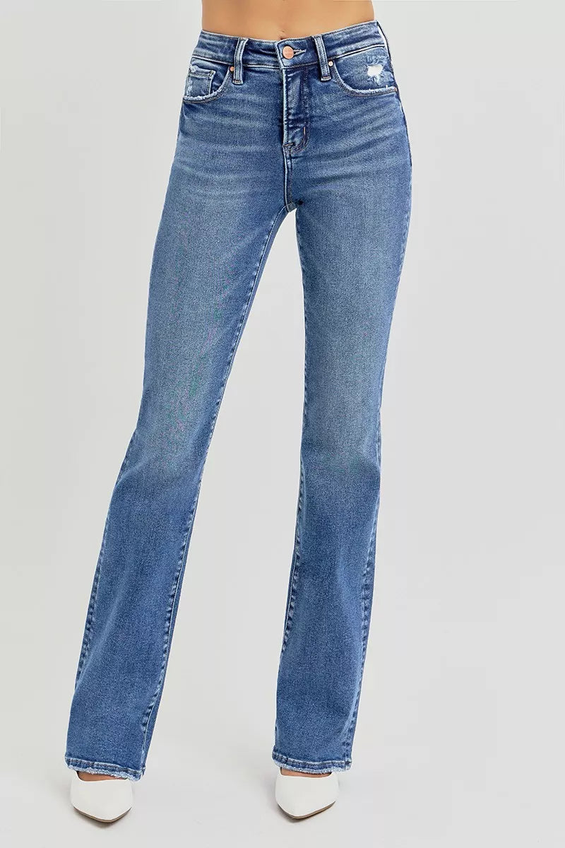 Dark wash straight leg denim jeans with tummy control high rise waist, clean prep style and minimalist no-distress finish.