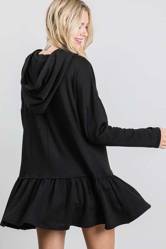 Full Time Fun Ruffled Hem Hooded Tunic Top