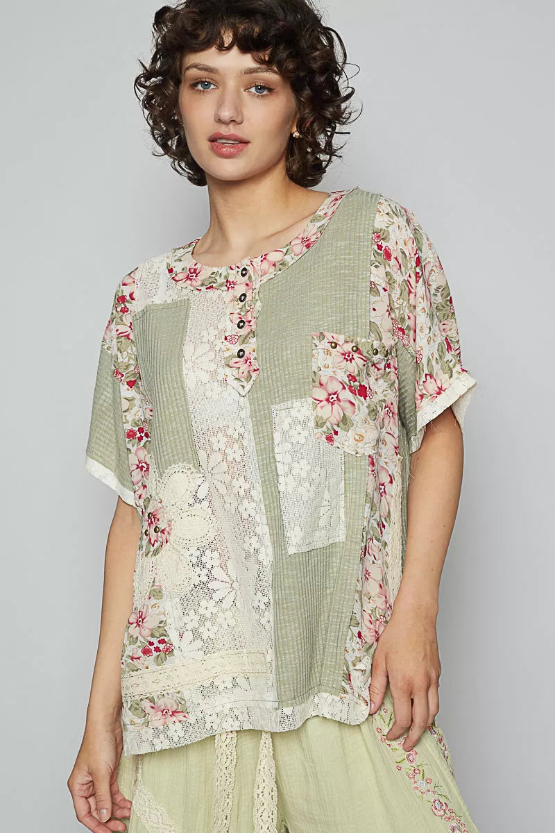 Sage Rib knit short sleeve top blends playful florals and lace in a round button neck blouse for casual boho luxe style