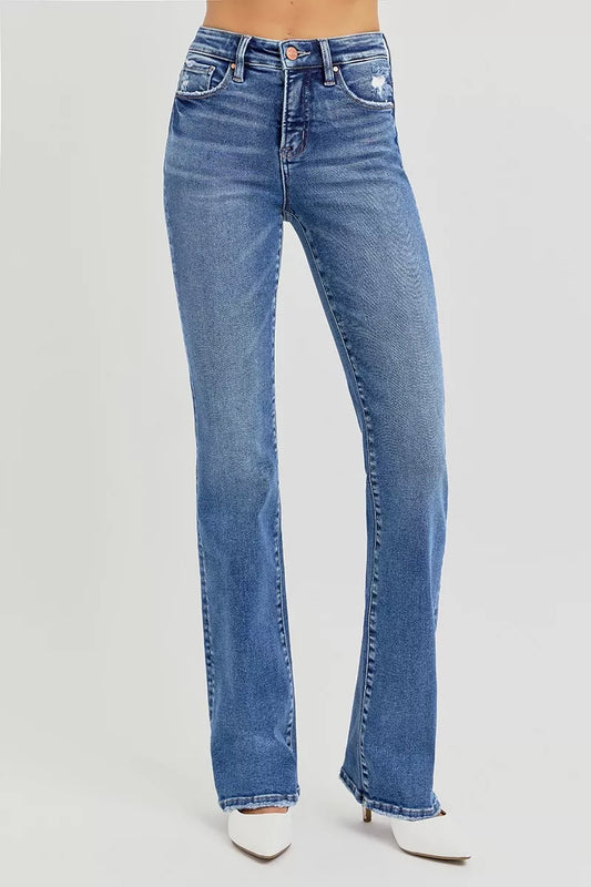 High rise straight leg jeans in dark wash control top stretch denim, classic 5-pocket style for day to night wear.