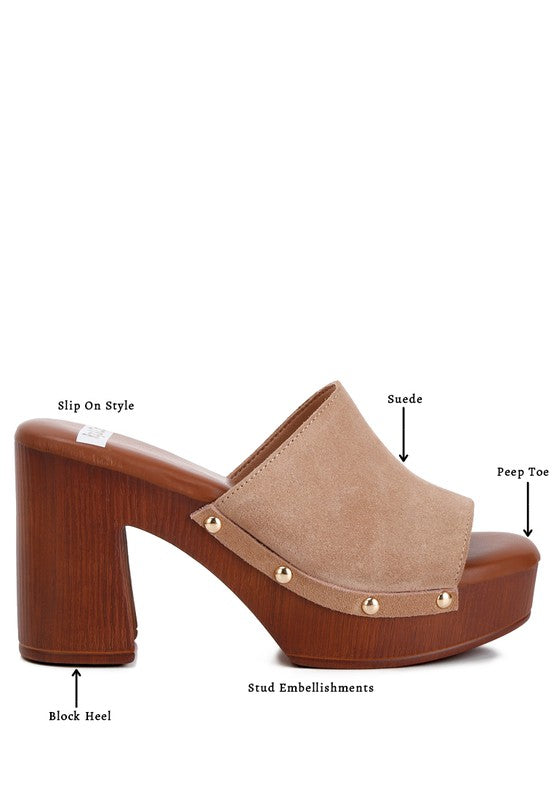 Rag & Co Suede Studded Clogs with a High Block Heel