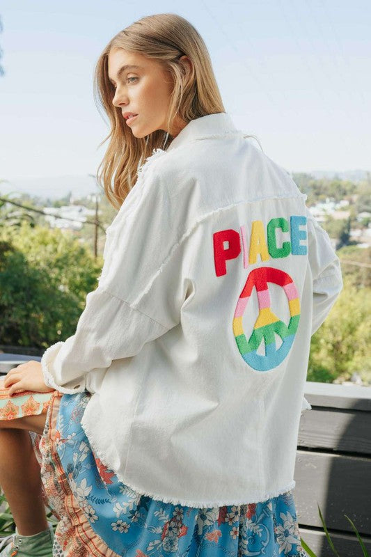 People For Peace Embroidered Button Down Shirt