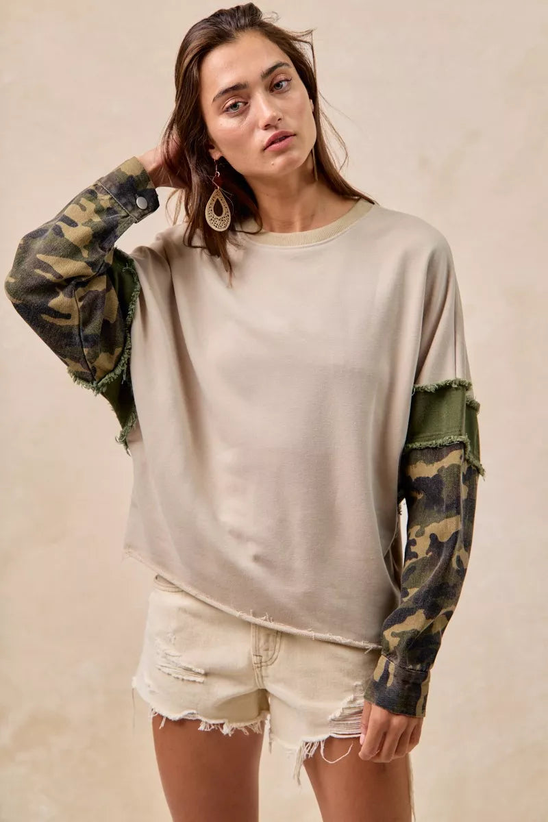 Camo sleeve French terry top in a loose comfortable fit for everyday cozy casual wear